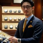 A man is wearing a watch on his left wrist: 116900 SS AT, black dial